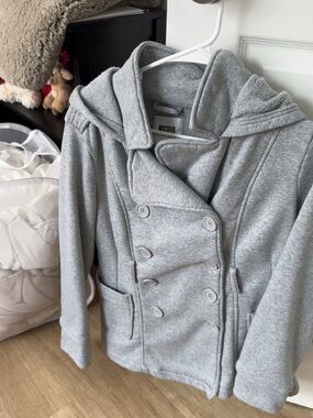 Miss Selfie Women’s Light Gray Double-Breasted Hooded Jacket